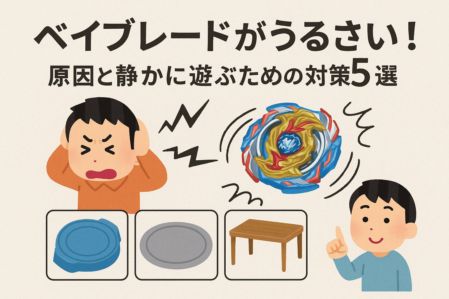 ベイブレードの騒音に困る親子と静かに遊ぶための対策を紹介するイラスト